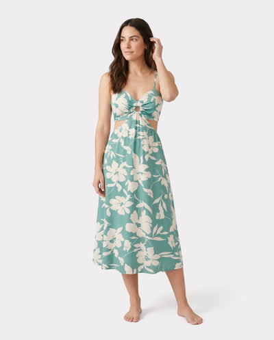 Conjunto familiar de camisa de manga corta verde con estampado de hojas o vestido fruncido con tirantes verde