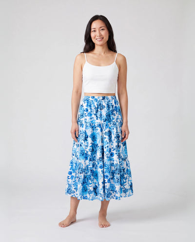 Mama & ich Outfits Weißes Camisole Oberteil und Blauer Blumenmuster Rock Koordinationsset Blau