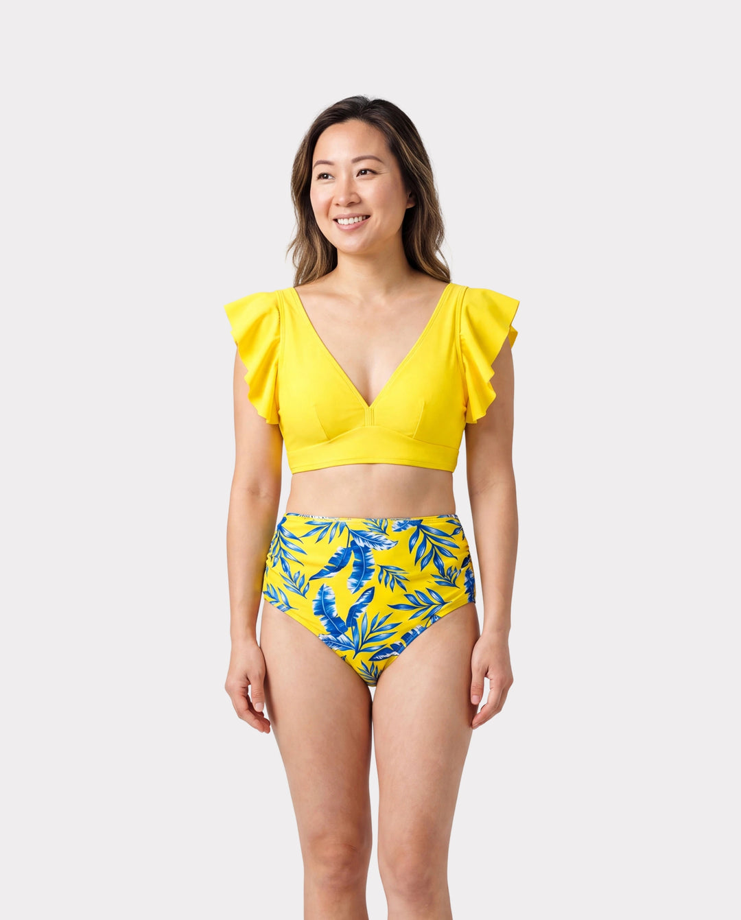 Mama & ich Gelber Blattdruck gerafftes Bikini mit flatternden Ärmeln und optionalem Badeüberwurf Gelb