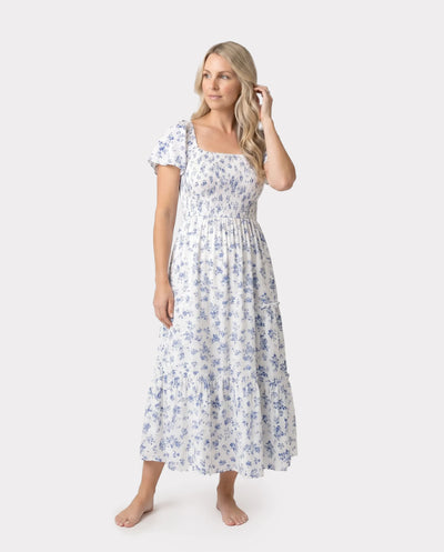 Conjunto familiar a juego: Traje informal fruncido con estampado floral AZUL BLANCO
