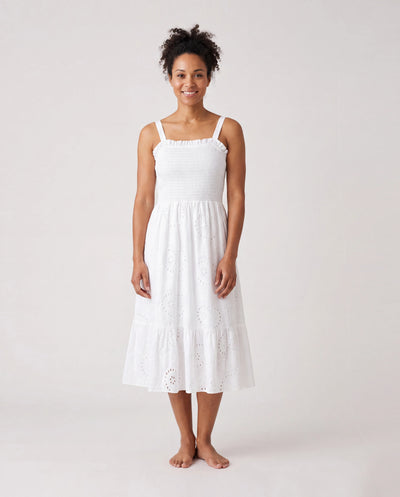 Matching Mom & Me Cotton Dress Eyelet Smocked Dresses with Ruffled Straps, Perfect for Summer Outings & Family Photos White