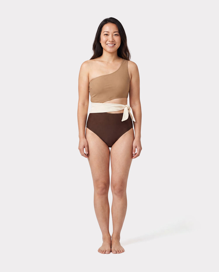 Family Matching Color Block Swimsuits, Mommy and Me One-Shoulder Cutout Bikini Set, Daddy and Son Color Block Swim Trunks, Summer Beach Vacation Swimwear Coffee
