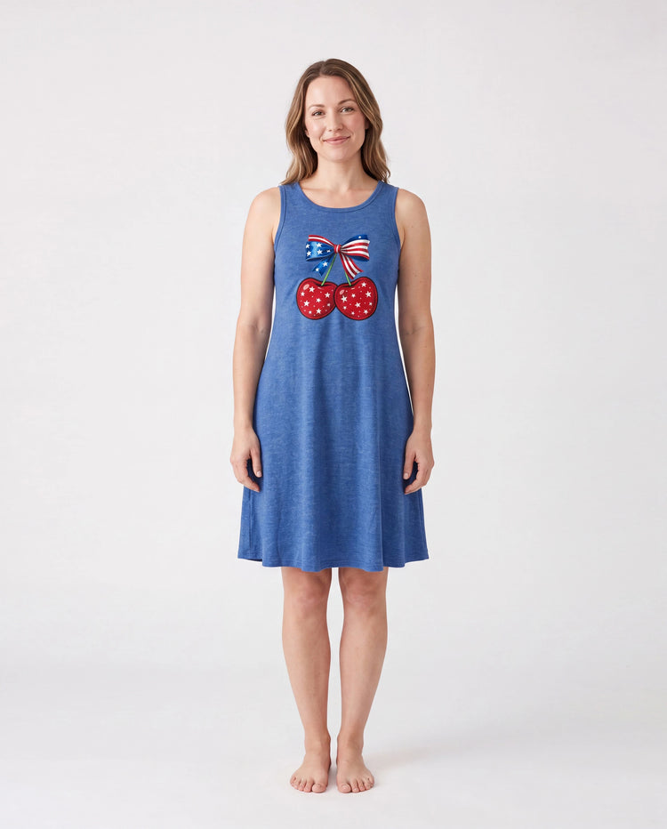 Robe décontractée sans manches maman et moi pour le Jour de l'Indépendance avec imprimé cerises patriotiques Bleu
