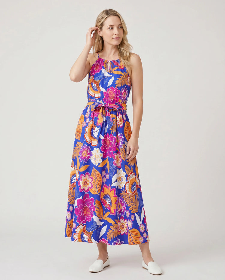 Tenues hawaïennes assorties pour la famille, vêtements de vacances à imprimé floral tropical, robe ceinturée à bretelles ou chemises à manches courtes, ensemble de vêtements de plage d'été bleu marine