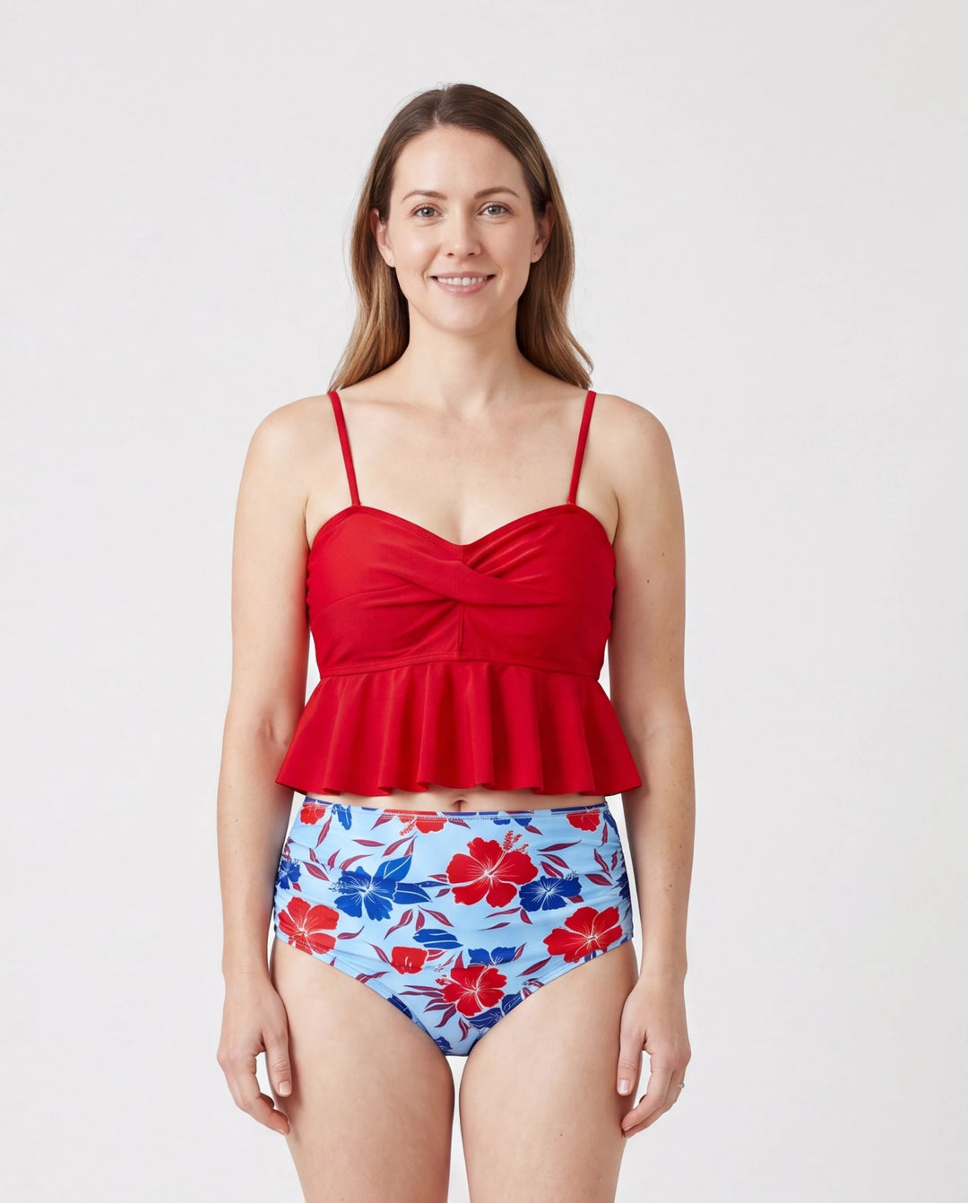 Ropa de baño para mamá y yo, conjunto de bikini y bañadores con estampado floral para mamá, papá y niños, perfecto para días de playa y fiestas en la piscina Rojo
