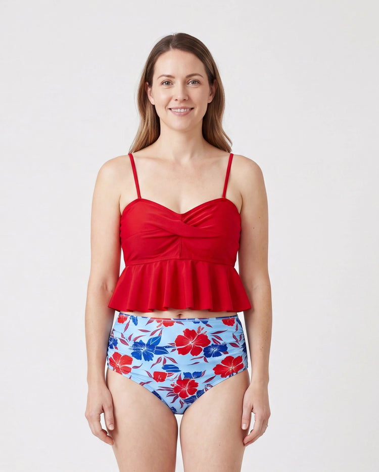 Ropa de baño para mamá y yo, conjunto de bikini y bañadores con estampado floral para mamá, papá y niños, perfecto para días de playa y fiestas en la piscina Rojo
