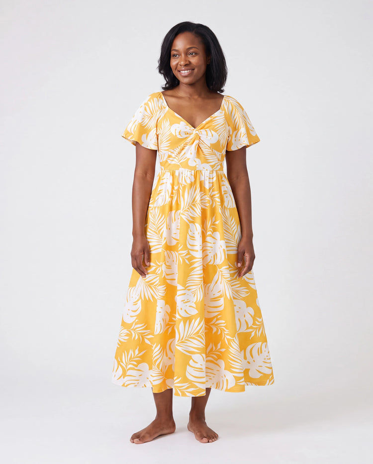 Family Matching Leaf Print  Flutter Dress or Short-sleeve Colorblock Shirts Yellow