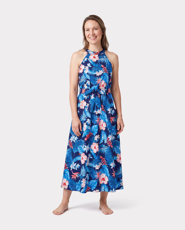 Family Matching Vacation Set Tropical Floral Print Shirt or Halter Dresses for Dad, Mom, Kids & Baby, Perfect for Summer Holidays & Family Photos Deep Blue