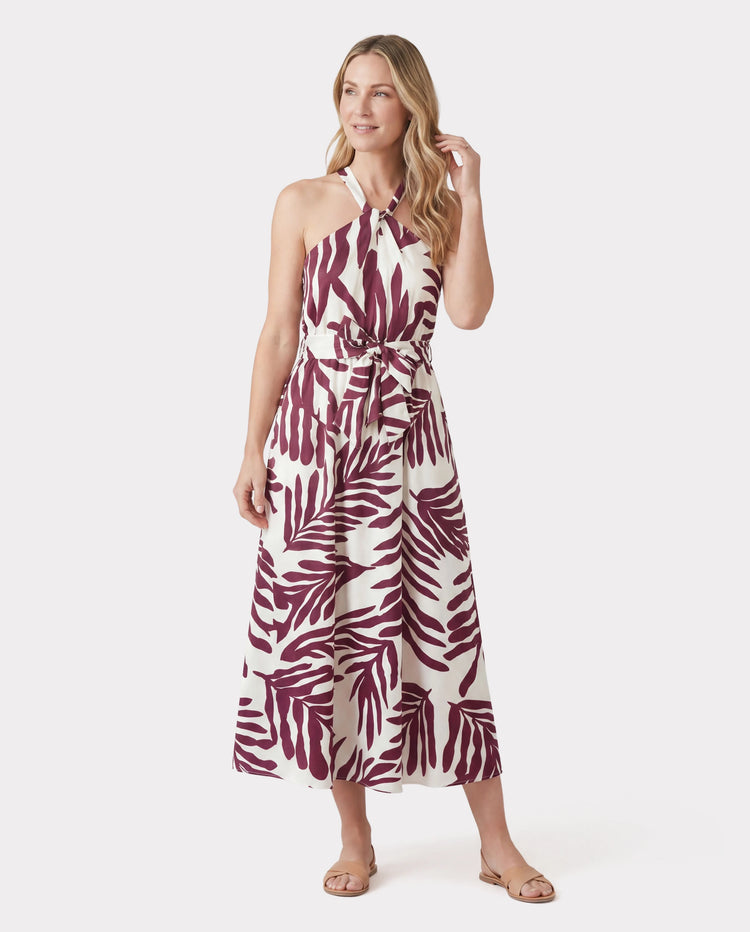 Family Matching Outfits Red Leaf Print Shirts and Strap Belted Dress for Hawaii/Cruise/Resort/Casual Wear White