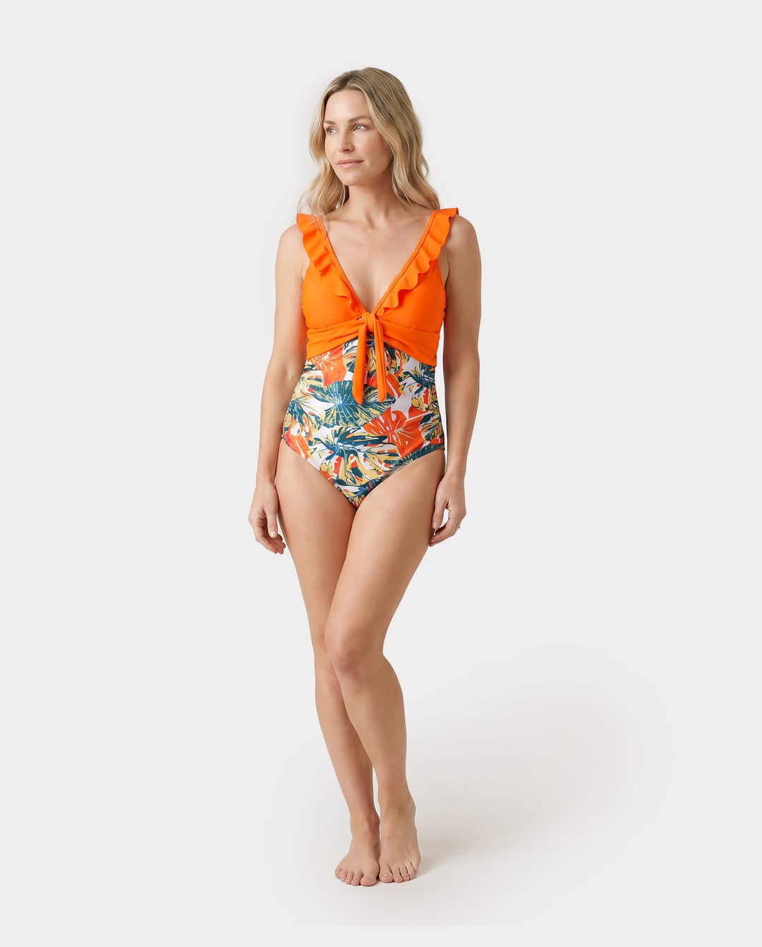 Family Matching Orange and All Over Tropical Plant Print Splicing Ruffle One-Piece Swimsuit and Swim Trunks Shorts Orange color