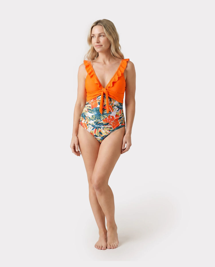 Family Matching Orange and All Over Tropical Plant Print Splicing Ruffle One-Piece Swimsuit and Swim Trunks Shorts Orange color