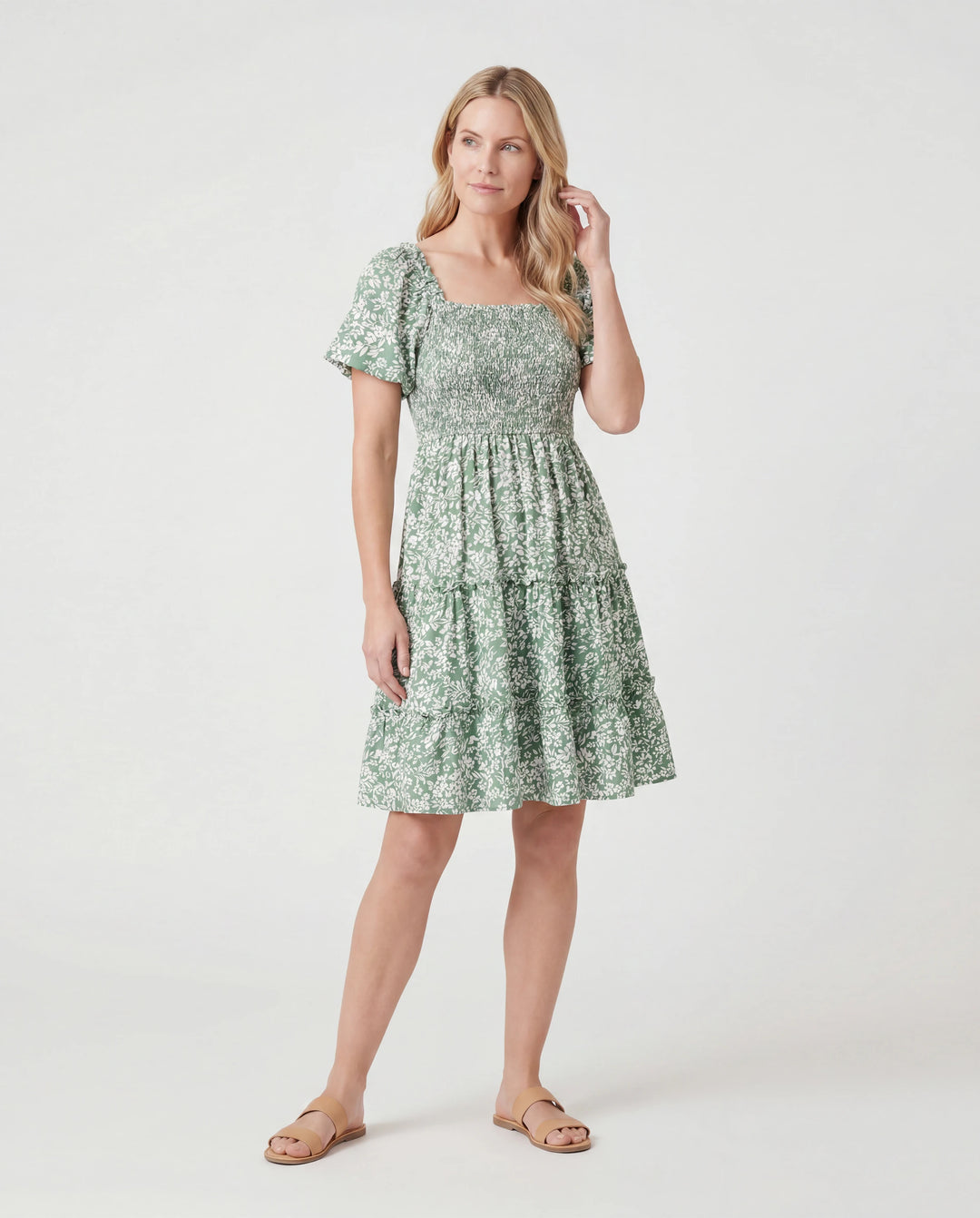 Elegant Broken Flower Matching Outfits for Family, Smocking Design, Medium Thickness Green