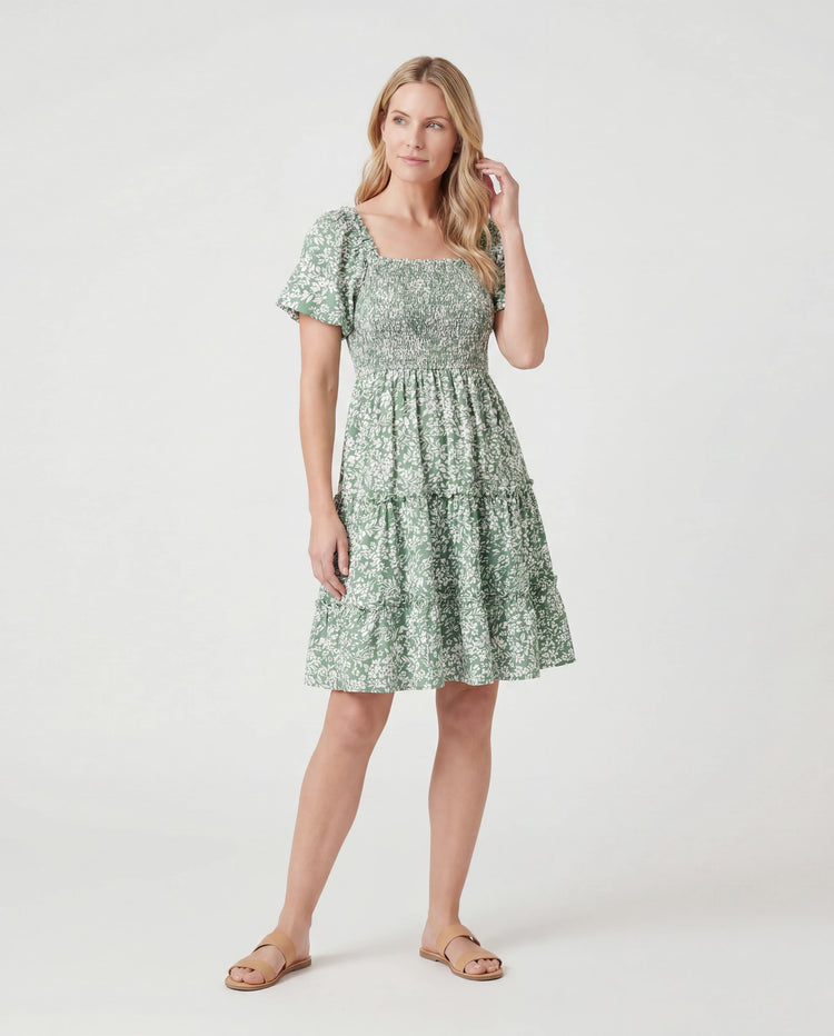 Elegant Broken Flower Matching Outfits for Family, Smocking Design, Medium Thickness Green