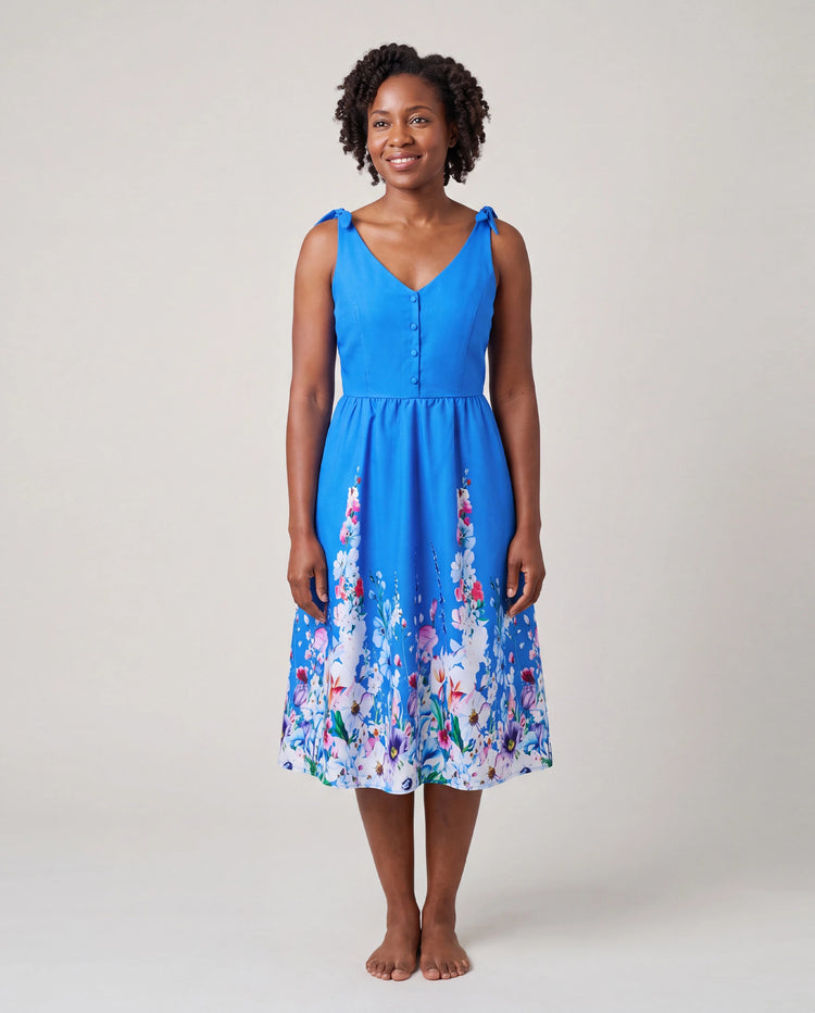 Conjunto de Ropa a Juego para la Familia Vestido Floral sin Mangas o Camiseta de Manga Corta Azul