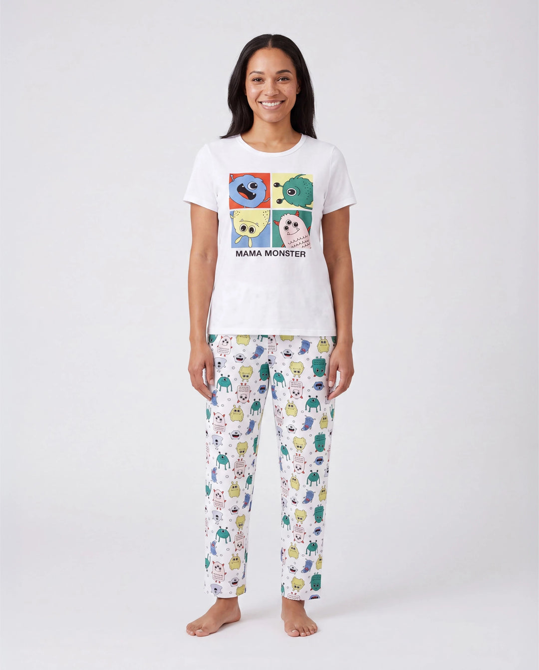 Bamboo Family Pajamas Cute Little Monster Print Short-sleeve Matching Pajama Set ( Snug-Fitting for Children ) White