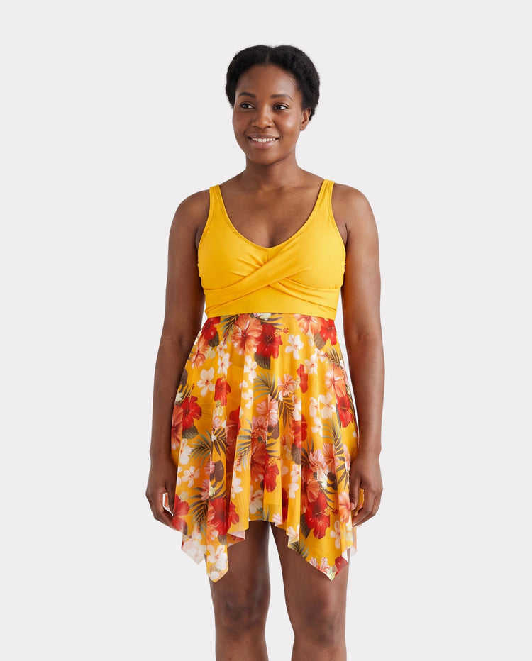 Mommy & me Floral Drawstring Flowy Spliced Mesh Swim Dress with Triangle Swim Bottom Yellow