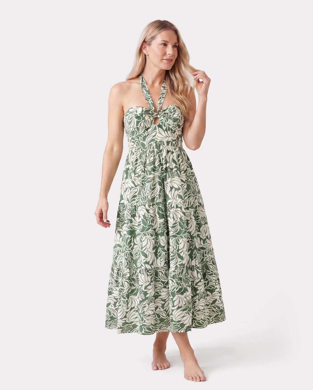 Family Matching Leaf Print Short-sleeve Shirt or Halter Dress Green Set Green