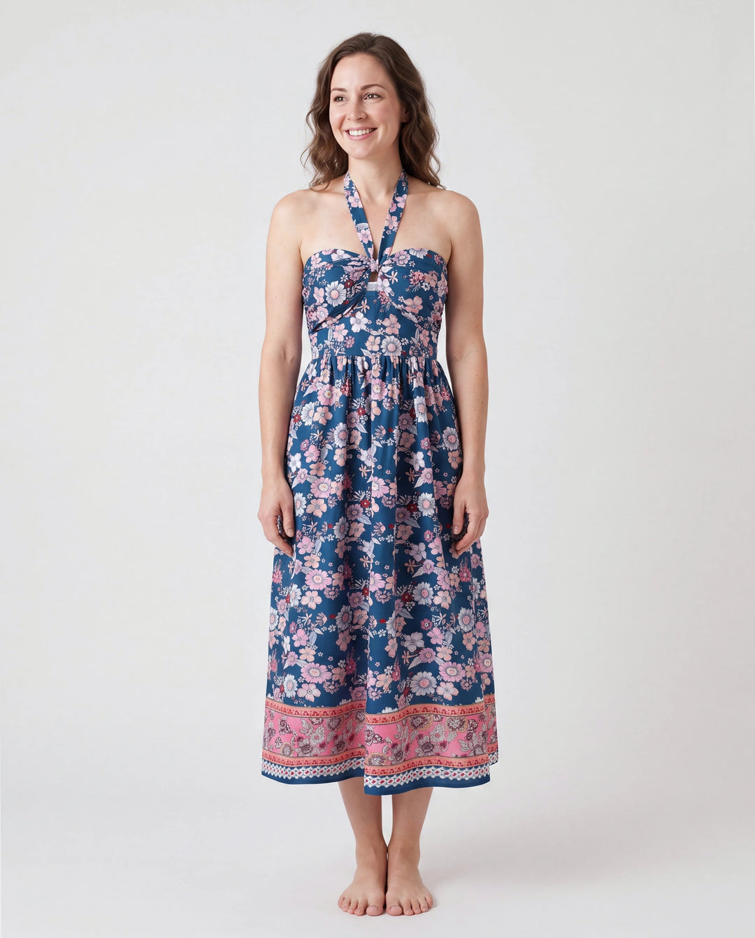 Tenues Maman & moi Chemise à col à manches courtes imprimé floral intégral ou robe sans manches à nouer pour les vacances d'été CYAN-