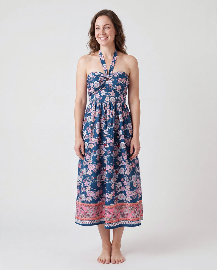 Tenues Maman & moi Chemise à col à manches courtes imprimé floral intégral ou robe sans manches à nouer pour les vacances d'été CYAN-