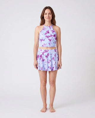 Conjunto de falda tie dye a juego para mamá y yo Top corto halter y falda fluida, looks adorables para verano a juego para vacaciones y fotos Morado