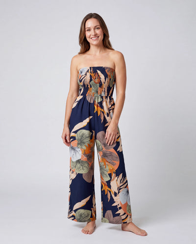 Family Matching Tropical Floral Print Smocked Top Strap Wide-Leg Jumpsuits for Mommy and Me Deep Blue