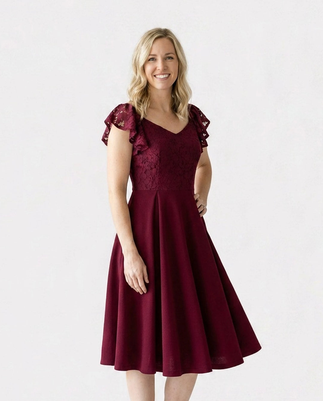 Family Matching Sets Plaid Shirt or Red Wine Lace Ruffle Sleeve A-Line Dress WineRed