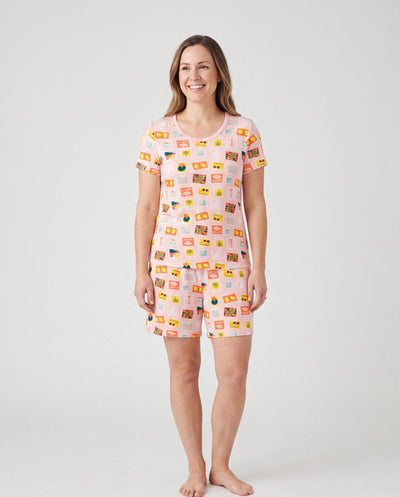 Pijamas familiares de bambú para mamá y niña con estampado de tema vacacional, pijama de manga corta a juego (ajustado para niños) Bloque de color