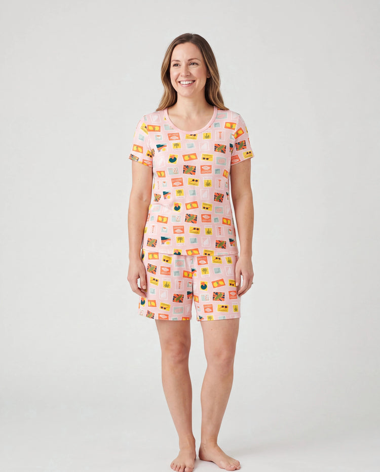 Pijamas familiares de bambú para mamá y niña con estampado de tema vacacional, pijama de manga corta a juego (ajustado para niños) Bloque de color
