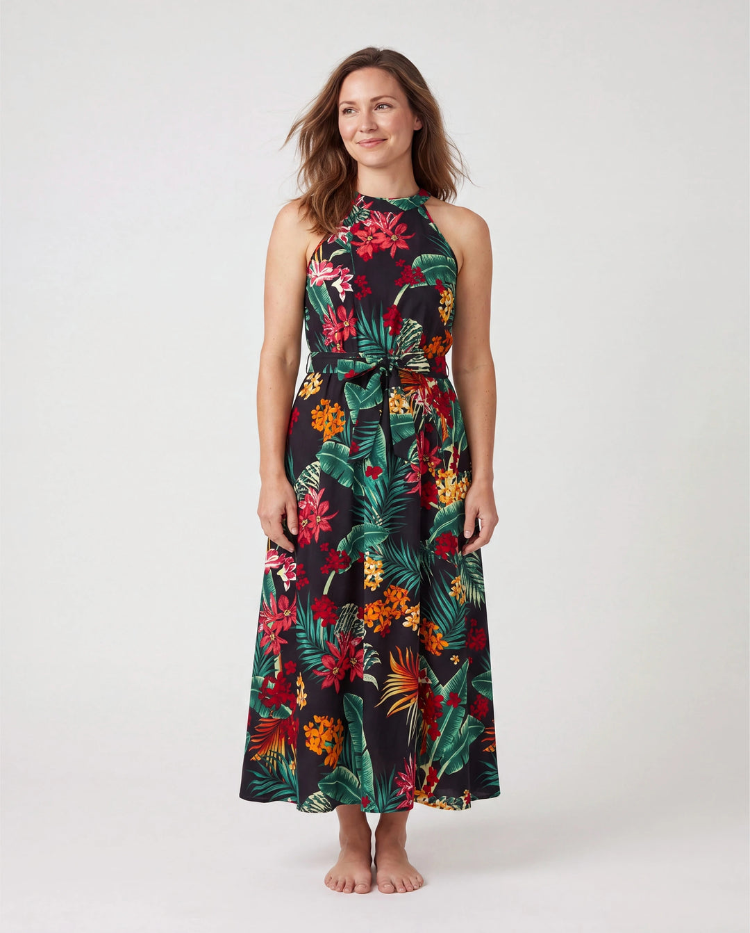 Conjuntos familiares a juego para mamá y yo Vestidos halter con estampado floral de plantas por completo y conjuntos de camisas de manga corta Negro