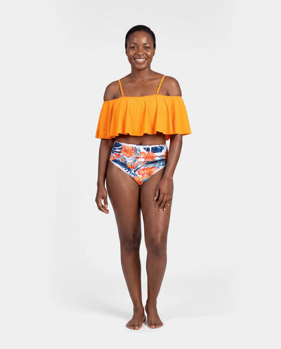 Matching Family Swimwear Tropical Floral Bikini Set with Ruffle Top for Mom & Daughter, Board Shorts for Dad & Son, Bright Summer Beach Outfits Orange