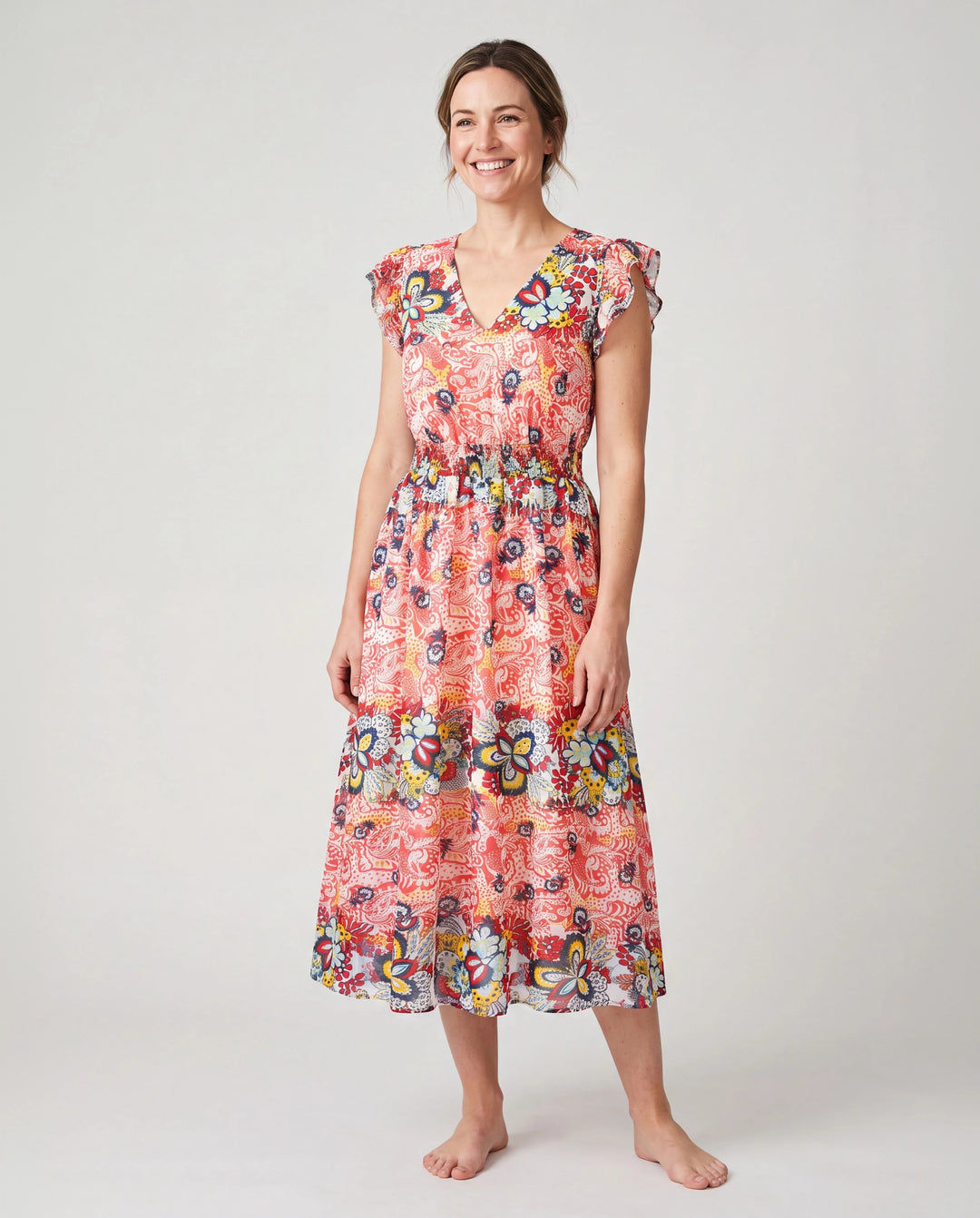 Mommy & me Casual Outfit Colorblock Polo Collar T-shirt or Floral Print Flutter Sleeveless Dress Set Orange red