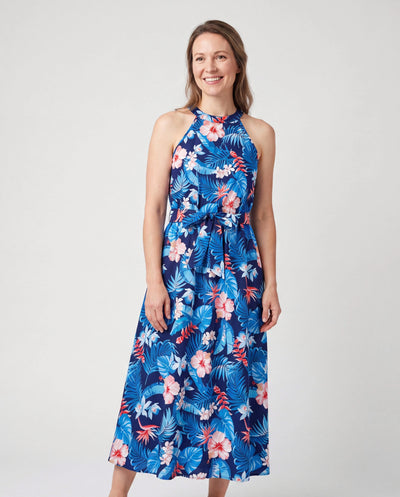 Mama & ich Urlaubsset tropischer Blumenprint Hemd oder Neckholder-Kleider für Papa, Mama, Kinder & Baby, Perfekt für Sommerferien & Familienfotos Dunkelblau