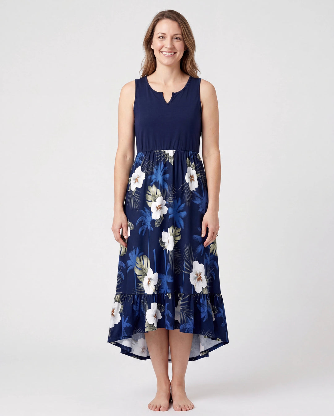 Conjunto Mamá y Yo Vestido sin Mangas con Estampado Floral y Detalles a Juego Azul Oscuro