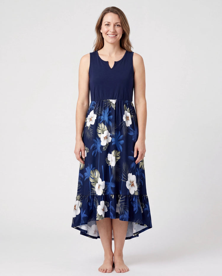 Conjunto Mamá y Yo Vestido sin Mangas con Estampado Floral y Detalles a Juego Azul Oscuro