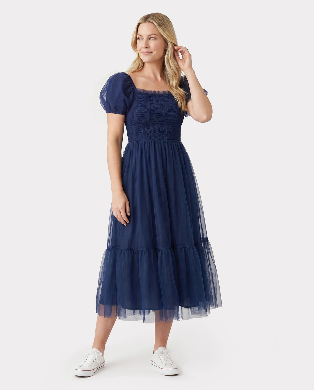 Passende Familien-Sets Kariertes langärmeliges Hemd oder elegantes gerafftes Mieder Puffärmel Tüll-Mesh-Kleid Königsblau