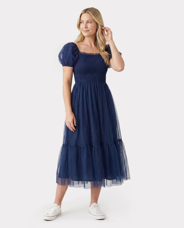 Passende Familien-Sets Kariertes langärmeliges Hemd oder elegantes gerafftes Mieder Puffärmel Tüll-Mesh-Kleid Königsblau