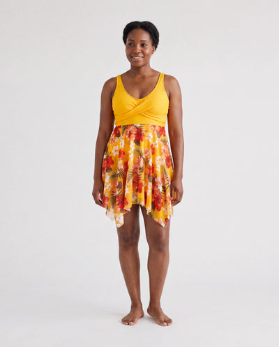 Maillot de bain à cordon de serrage fleuri assorti pour toute la famille ou robe de bain fluide en maille épissée avec bas de bain triangle jaune