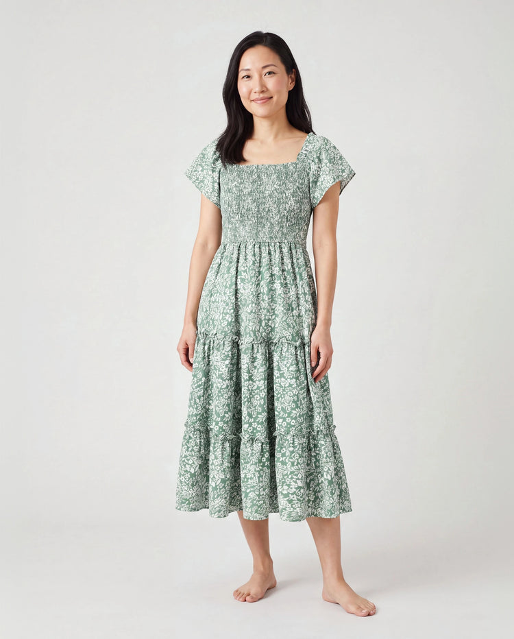 Conjuntos Elegantes de Mamá y Yo con Estampado de Flores Roto para Familia, Diseño con Fruncido, Grosor Medio Verde