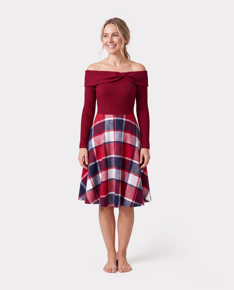 Passendes Familienoutfit-Set Langarmhemd und schulterfreies langärmeliges kariertes Strickkleid mit Spleißen Burgundy