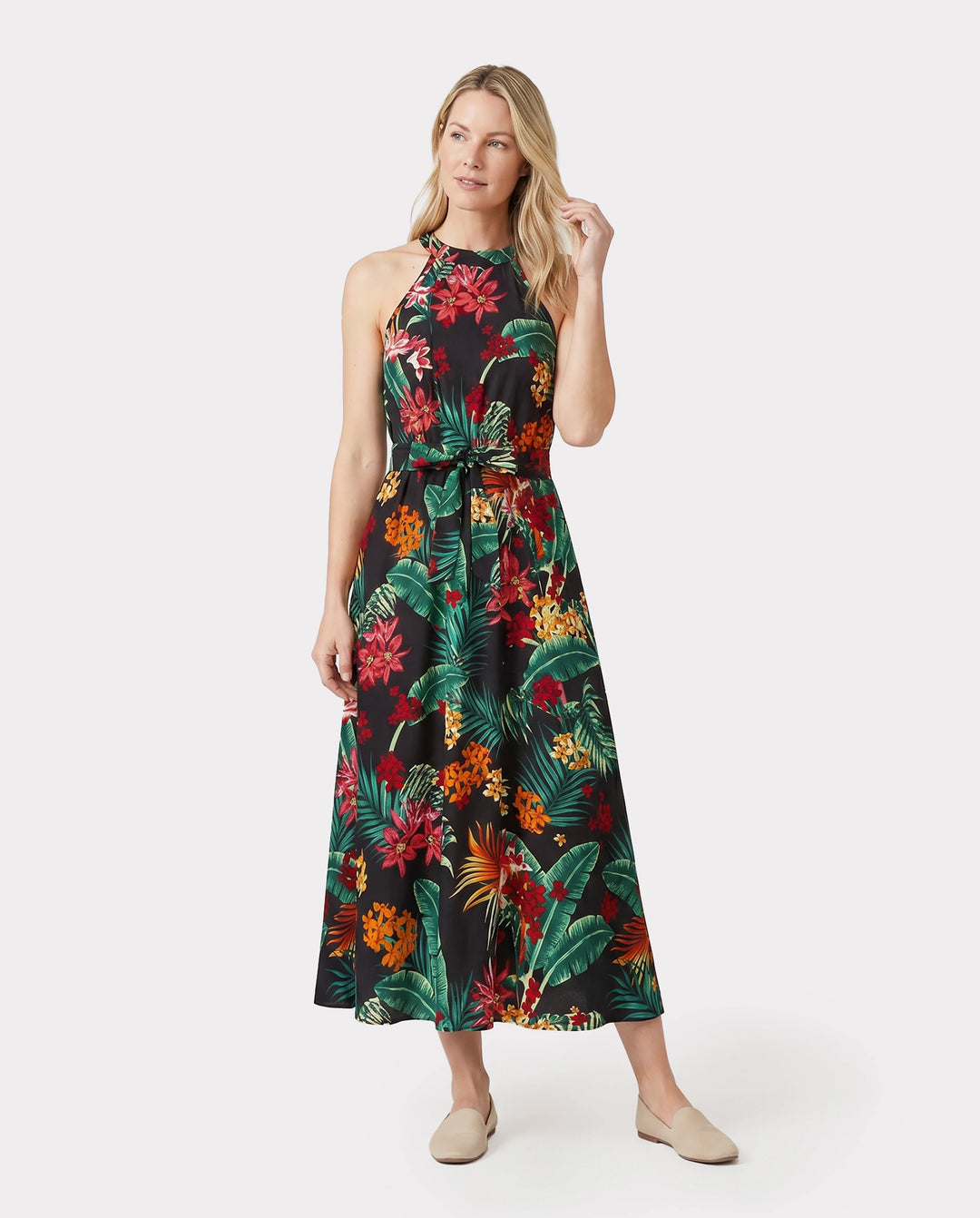 Family Matching Allover Plant Floral Print Halterneck Dresses and Short-sleeve Shirts Sets Black