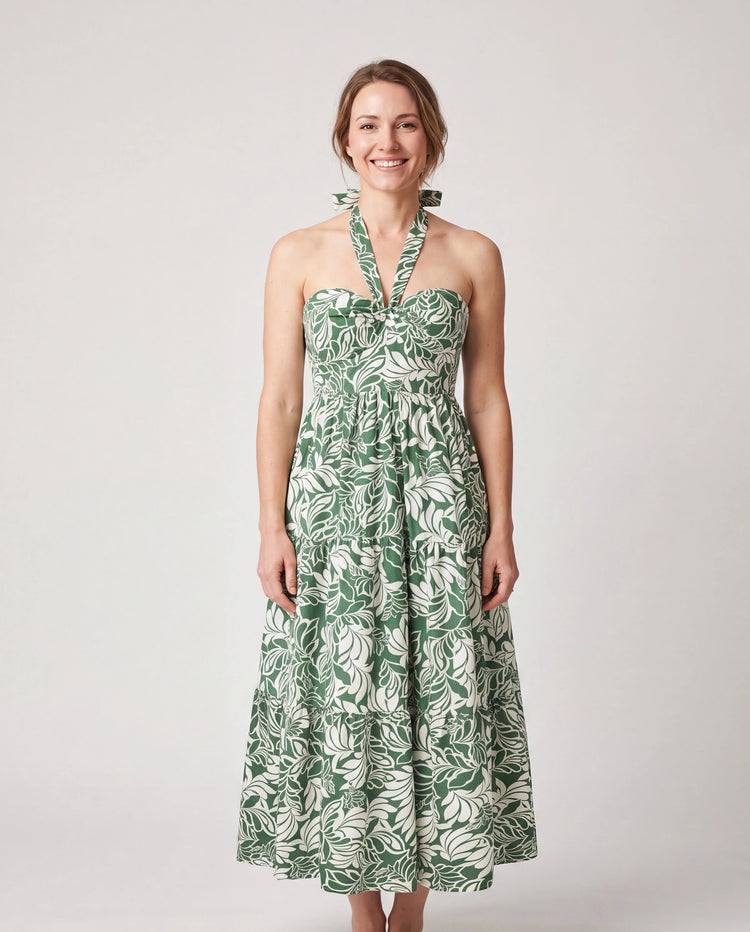 Conjunto de vestido halter con estampado de hojas para mamá y niña Verde