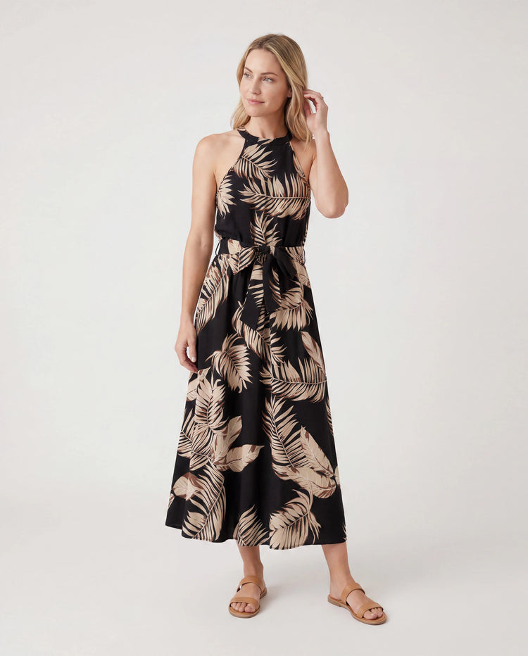 Family Matching Solid Leaf Sleeveless Halter Dresses And Short Sleeve Tops Sets Black