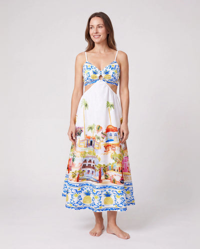 Mama & ich Urlaubsset tropischer Ananas-Kokosnussbaum-Print Kurzarm-T-Shirt oder ausgeschnittenes Trägerkleid für Sommerurlaub Weiß