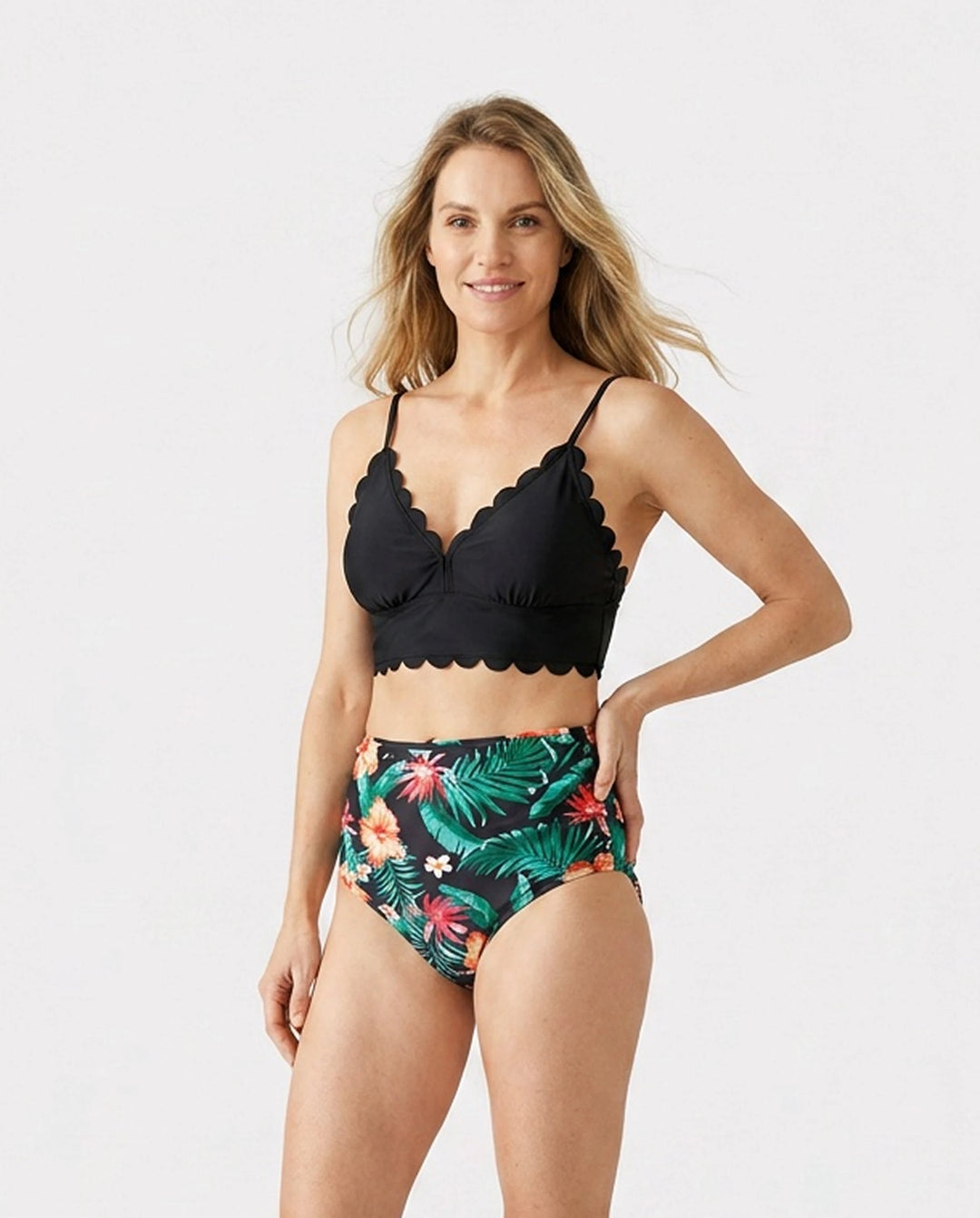 Ensemble maillots assortis famille à imprimé tropical – bikini col V et short de bain, couleur noir