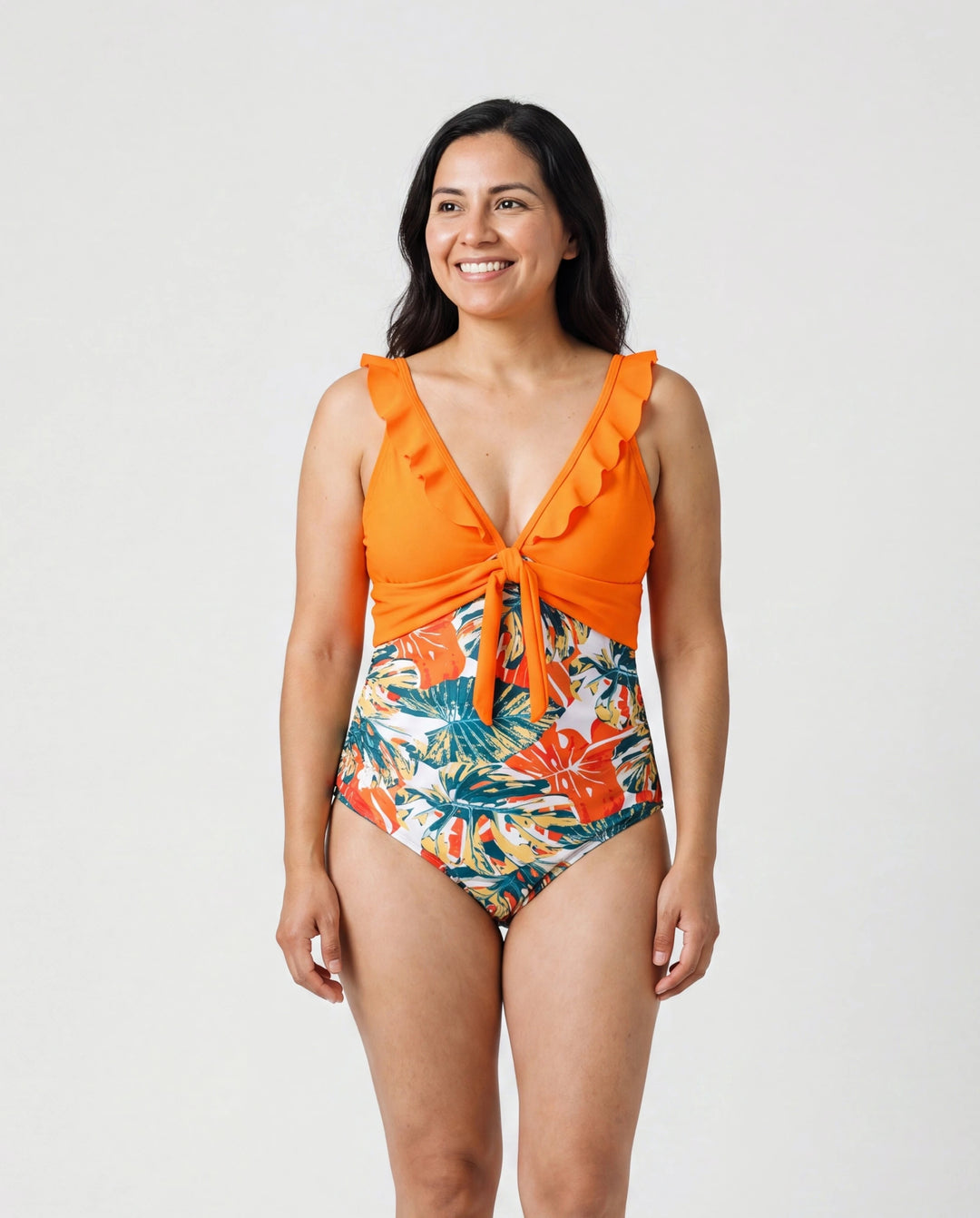 Mommy & me Orange and All Over Tropical Plant Print Splicing Ruffle One-Piece Swimsuit Orange color