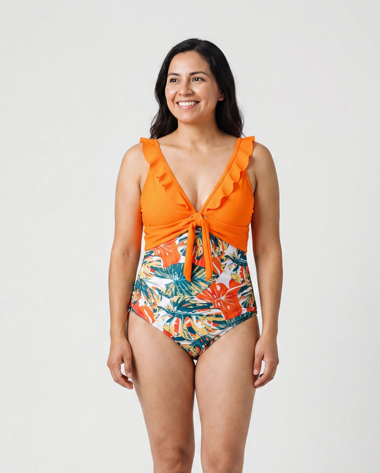 Mommy & me Orange and All Over Tropical Plant Print Splicing Ruffle One-Piece Swimsuit Orange color