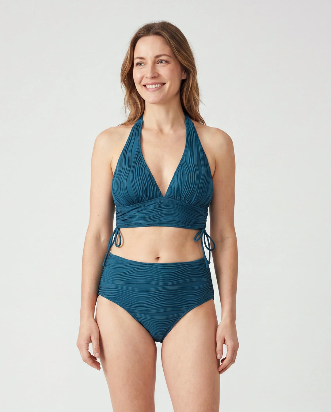 Mommy & me Teal Striped Swimsuits Ruched Bikini & Swim Trunks Set Multi-color