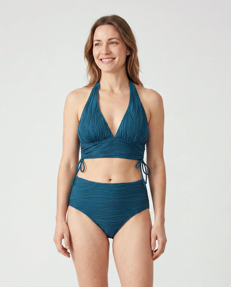 Mommy & me Teal Striped Swimsuits Ruched Bikini & Swim Trunks Set Multi-color