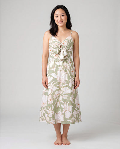 Mommy & me Outfits Tropical Floral Print Strap Dress or Short-sleeve Colorblock Shirts Set Pale Green