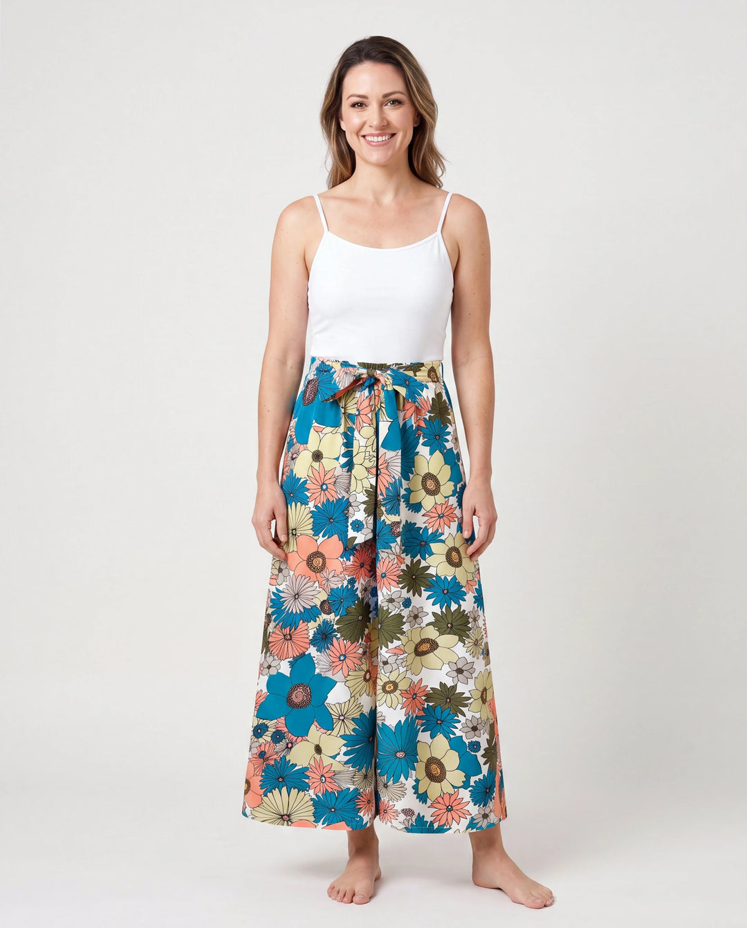 Mommy & me Set Sun Flower Print Short-sleeve Collar Shirt or White Camisole Top and Flower Wide-leg Pants Set for Summer Vacation Multi-color